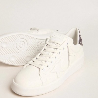 Golden Goose Purestar Sneaker With White Leather Star And Anthracite Glitter Heel Tab Golden Goose Purestar Sneaker With White Leather Star And Anthracite Glitter Heel Tab