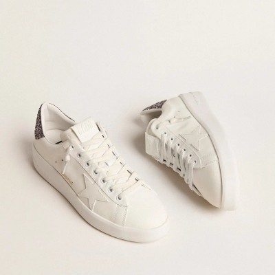 Golden Goose Purestar Sneaker With White Leather Star And Anthracite Glitter Heel Tab