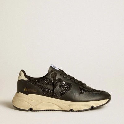 Golden Goose Running Sole Sneaker In Black Glitter With Leather Star And Nubuck Heel Tab Golden Goose Running Sole Sneaker In Black Glitter With Leather Star And Nubuck Heel Tab