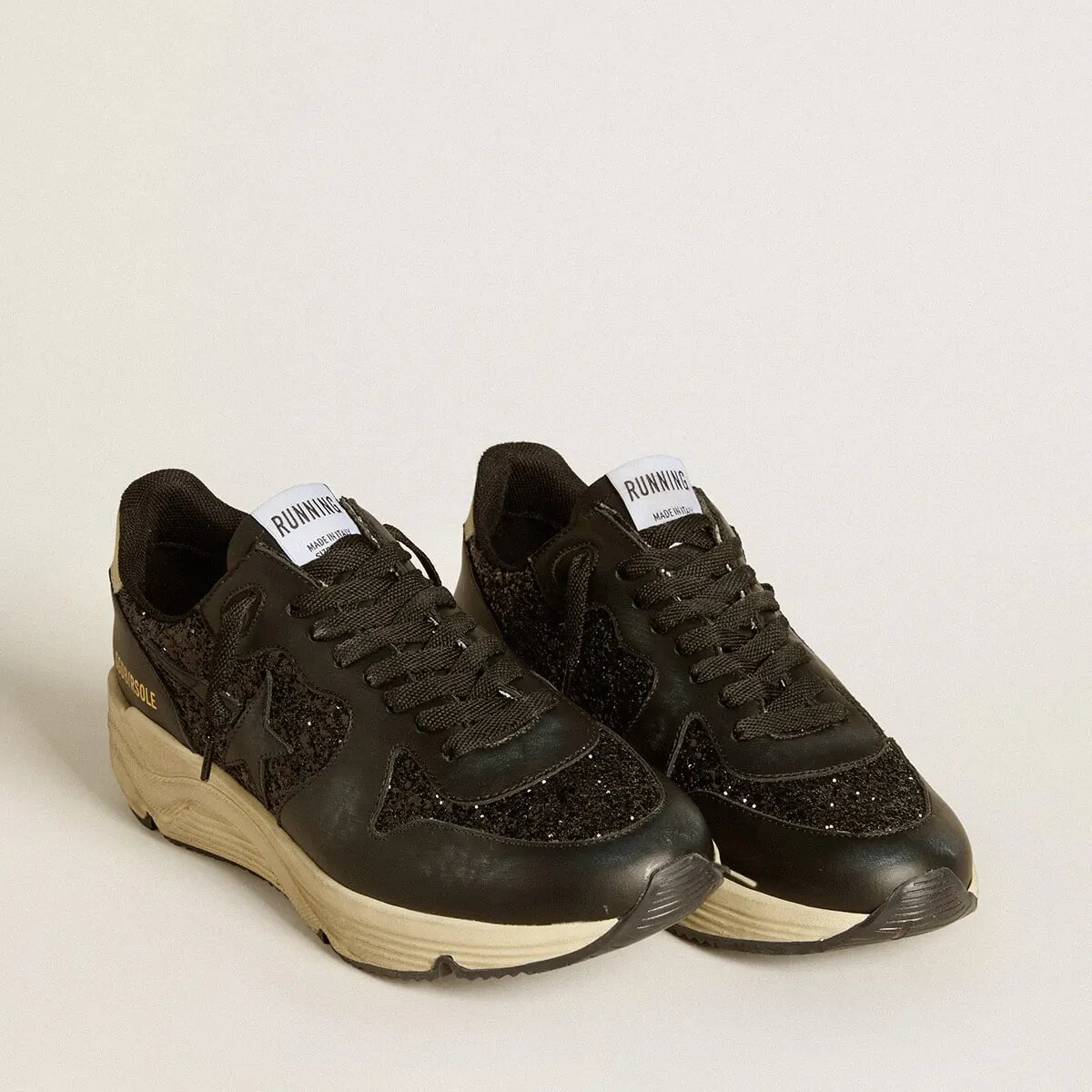 Golden Goose Running Sole Sneaker In Black Glitter With Leather Star And Nubuck Heel Tab Golden Goose Running Sole Sneaker In Black Glitter With Leather Star And Nubuck Heel Tab