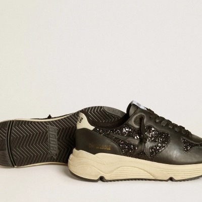 Golden Goose Running Sole Sneaker In Black Glitter With Leather Star And Nubuck Heel Tab Golden Goose Running Sole Sneaker In Black Glitter With Leather Star And Nubuck Heel Tab