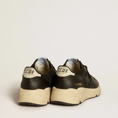 Golden Goose Running Sole Sneaker In Black Glitter With Leather Star And Nubuck Heel Tab Golden Goose Running Sole Sneaker In Black Glitter With Leather Star And Nubuck Heel Tab