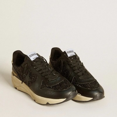Golden Goose Running Sole Sneaker In Black Glitter With Leather Star And Nubuck Heel Tab Golden Goose Running Sole Sneaker In Black Glitter With Leather Star And Nubuck Heel Tab
