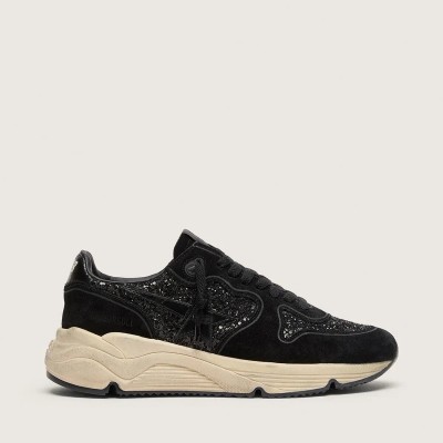 Golden Goose Running Sole Sneaker In Black Suede And Glitter With Tone-On-Tone Star Golden Goose Running Sole Sneaker In Black Suede And Glitter With Tone-On-Tone Star