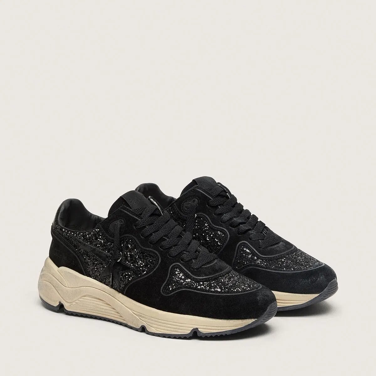 Golden Goose Running Sole Sneaker In Black Suede And Glitter With Tone-On-Tone Star Golden Goose Running Sole Sneaker In Black Suede And Glitter With Tone-On-Tone Star