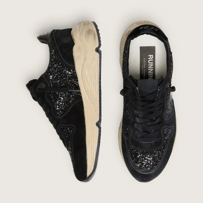 Golden Goose Running Sole Sneaker In Black Suede And Glitter With Tone-On-Tone Star Golden Goose Running Sole Sneaker In Black Suede And Glitter With Tone-On-Tone Star