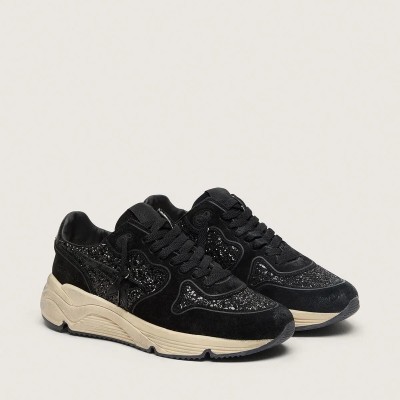 Golden Goose Running Sole Sneaker In Black Suede And Glitter With Tone-On-Tone Star Golden Goose Running Sole Sneaker In Black Suede And Glitter With Tone-On-Tone Star