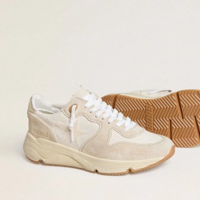 Golden Goose Running Sole Sneaker In Canvas With Beige Star And Platinum Metallic Leather Heel Tab Golden Goose Running Sole Sneaker In Canvas With Beige Star And Platinum Metallic Leather Heel Tab