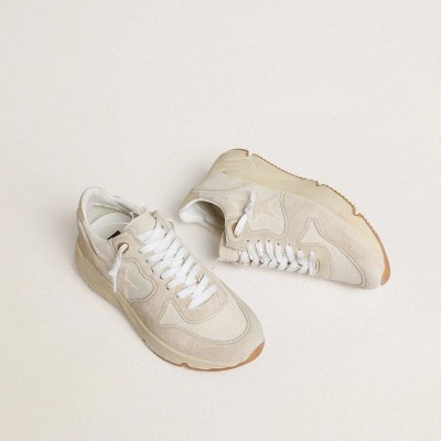 Golden Goose Running Sole Sneaker In Canvas With Beige Star And Platinum Metallic Leather Heel Tab Golden Goose Running Sole Sneaker In Canvas With Beige Star And Platinum Metallic Leather Heel Tab