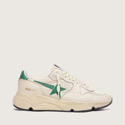 Golden Goose Running Sole Sneaker In Cream Nylon And Leather With Green Leather Star Golden Goose Running Sole Sneaker In Cream Nylon And Leather With Green Leather Star