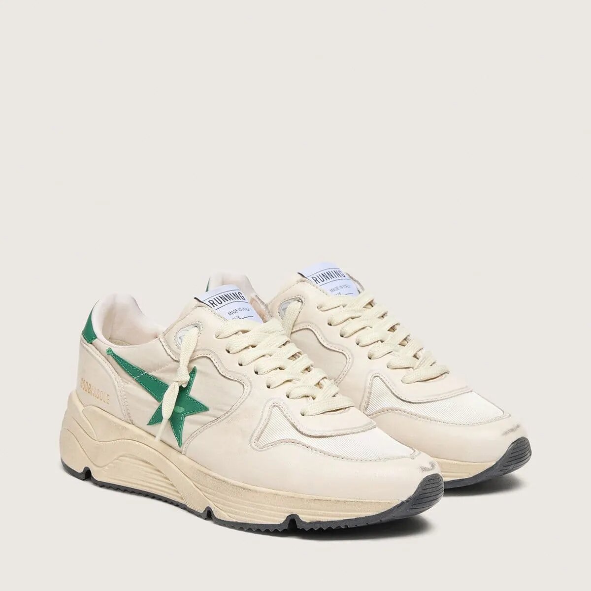 Golden Goose Running Sole Sneaker In Cream Nylon And Leather With Green Leather Star Golden Goose Running Sole Sneaker In Cream Nylon And Leather With Green Leather Star
