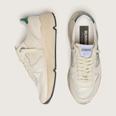 Golden Goose Running Sole Sneaker In Cream Nylon And Leather With Green Leather Star Golden Goose Running Sole Sneaker In Cream Nylon And Leather With Green Leather Star