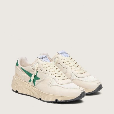 Golden Goose Running Sole Sneaker In Cream Nylon And Leather With Green Leather Star Golden Goose Running Sole Sneaker In Cream Nylon And Leather With Green Leather Star