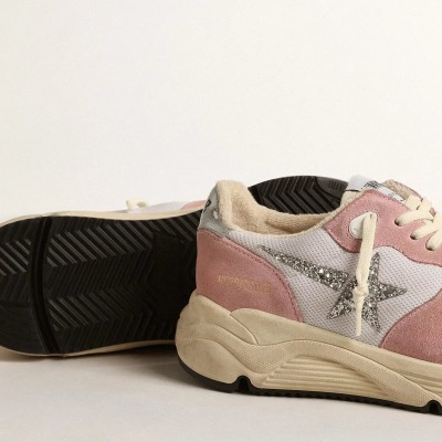 Golden Goose Running Sole Sneaker In Gray Mesh And Suede With Silver Glitter Star Golden Goose Running Sole Sneaker In Gray Mesh And Suede With Silver Glitter Star