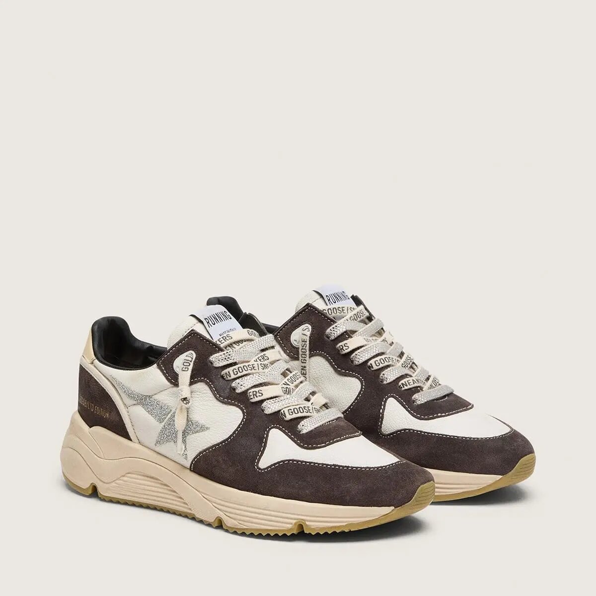 Golden Goose Running Sole Sneaker In Nappa And Brown Suede With A Swarovski Crystal Star Golden Goose Running Sole Sneaker In Nappa And Brown Suede With A Swarovski Crystal Star