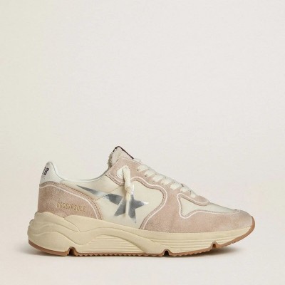 Golden Goose Running Sole Sneaker In Nylon And Suede With Silver Printed Star And Leather Heel Tab Golden Goose Running Sole Sneaker In Nylon And Suede With Silver Printed Star And Leather Heel Tab