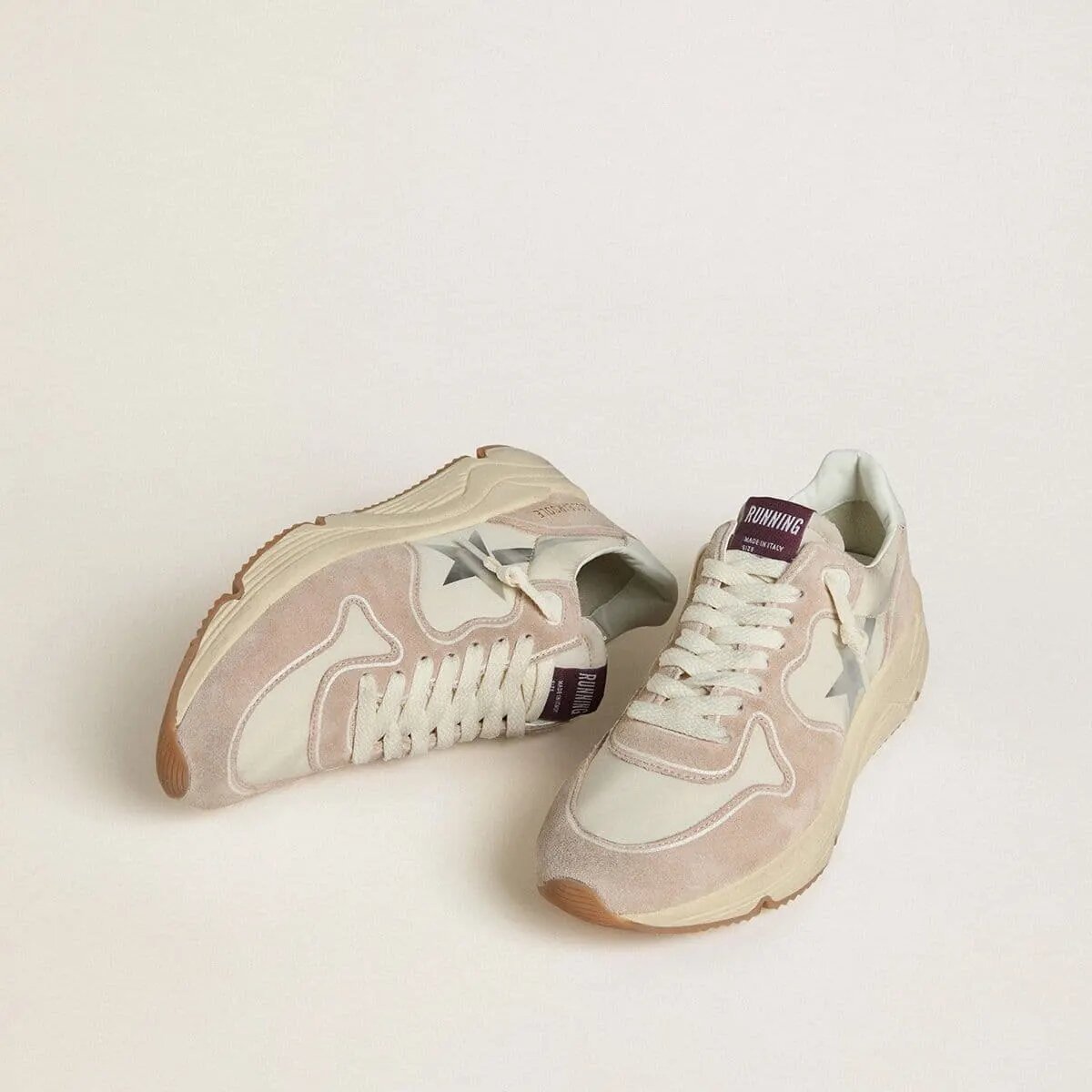 Golden Goose Running Sole Sneaker In Nylon And Suede With Silver Printed Star And Leather Heel Tab Golden Goose Running Sole Sneaker In Nylon And Suede With Silver Printed Star And Leather Heel Tab