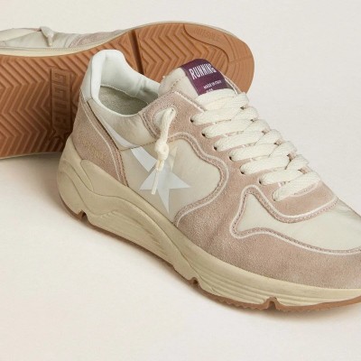 Golden Goose Running Sole Sneaker In Nylon And Suede With Silver Printed Star And Leather Heel Tab Golden Goose Running Sole Sneaker In Nylon And Suede With Silver Printed Star And Leather Heel Tab
