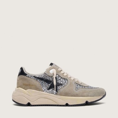 Golden Goose Running Sole Sneaker In Silver Glitter And Dove Gray Suede Golden Goose Running Sole Sneaker In Silver Glitter And Dove Gray Suede