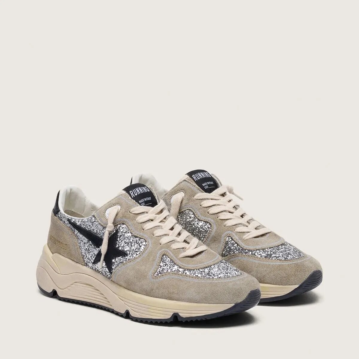 Golden Goose Running Sole Sneaker In Silver Glitter And Dove Gray Suede Golden Goose Running Sole Sneaker In Silver Glitter And Dove Gray Suede
