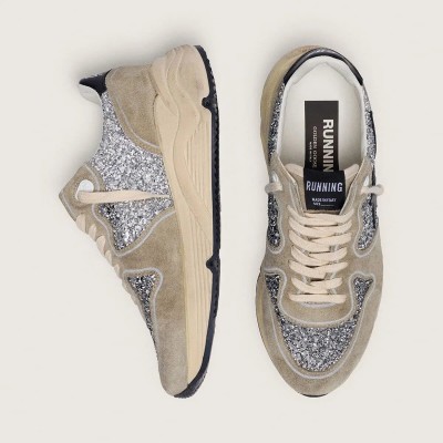 Golden Goose Running Sole Sneaker In Silver Glitter And Dove Gray Suede Golden Goose Running Sole Sneaker In Silver Glitter And Dove Gray Suede