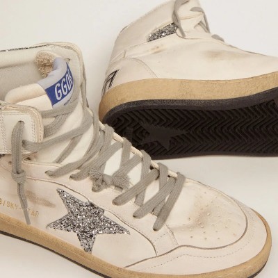 Golden Goose Sky-Star Sneaker With Signature On The Ankle And Silver Inserts Golden Goose Sky-Star Sneaker With Signature On The Ankle And Silver Inserts