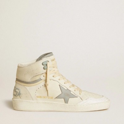 Golden Goose Sky-Star Sneaker In Leather With Light Blue Leather Star And White Heel Tab Golden Goose Sky-Star Sneaker In Leather With Light Blue Leather Star And White Heel Tab