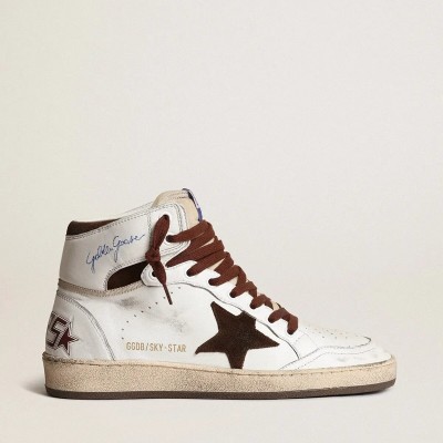 Golden Goose Sky-Star Sneaker In White Nappa Leather With Chocolate Suede Star