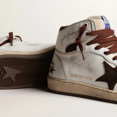 Golden Goose Sky-Star Sneaker In White Nappa Leather With Chocolate Suede Star