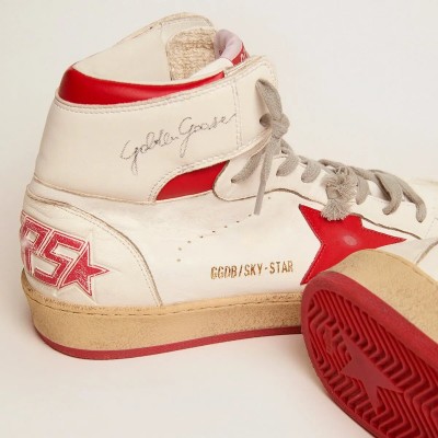 Golden Goose Sky-Star Sneaker In White Nappa With Red Star And Heel Tab Golden Goose Sky-Star Sneaker In White Nappa With Red Star And Heel Tab
