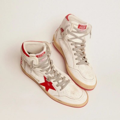 Golden Goose Sky-Star Sneaker In White Nappa With Red Star And Heel Tab Golden Goose Sky-Star Sneaker In White Nappa With Red Star And Heel Tab