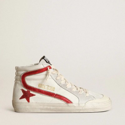 Golden Goose Slide Sneaker With A Red Laminated Leather Star And Flash Golden Goose Slide Sneaker With A Red Laminated Leather Star And Flash