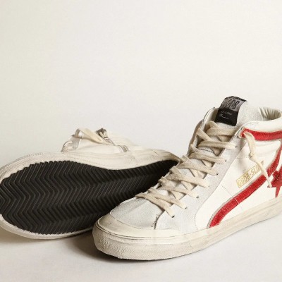 Golden Goose Slide Sneaker With A Red Laminated Leather Star And Flash Golden Goose Slide Sneaker With A Red Laminated Leather Star And Flash