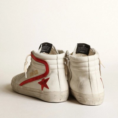 Golden Goose Slide Sneaker With A Red Laminated Leather Star And Flash Golden Goose Slide Sneaker With A Red Laminated Leather Star And Flash