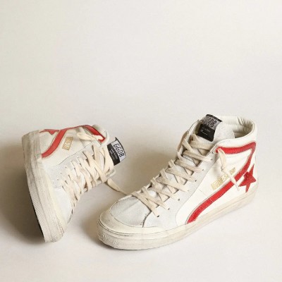 Golden Goose Slide Sneaker With A Red Laminated Leather Star And Flash Golden Goose Slide Sneaker With A Red Laminated Leather Star And Flash