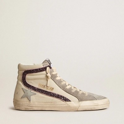 Golden Goose Slide Sneaker With Gray Leather Star And Wine-Colored Glitter Flash