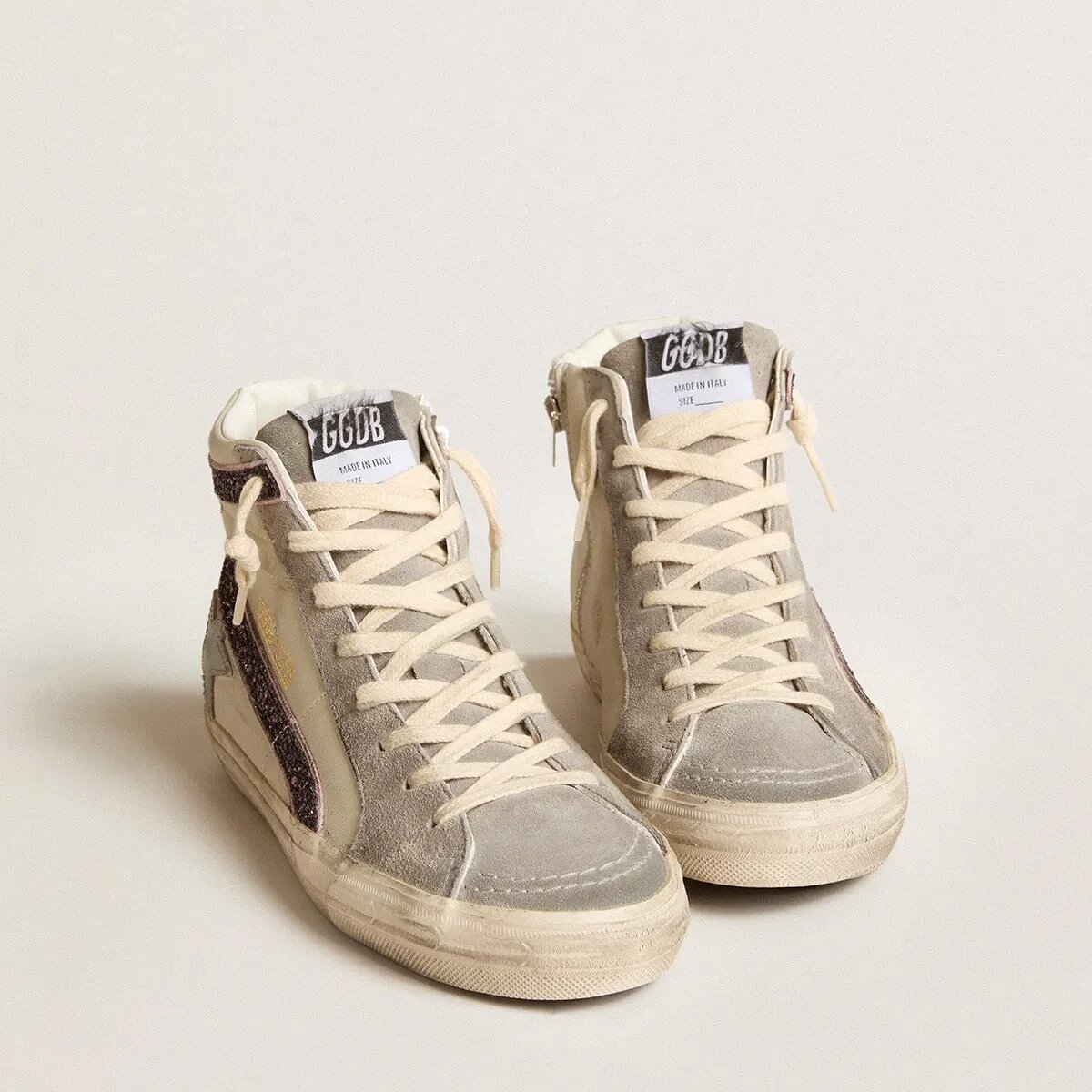 Golden Goose Slide Sneaker With Gray Leather Star And Wine-Colored Glitter Flash