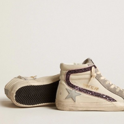 Golden Goose Slide Sneaker With Gray Leather Star And Wine-Colored Glitter Flash