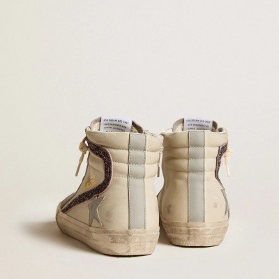 Golden Goose Slide Sneaker With Gray Leather Star And Wine-Colored Glitter Flash