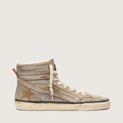 Golden Goose Slide Lab Sneaker In Tobacco-Colored Suede With Crystals And Tobacco-Colored Suede Star Golden Goose Slide Lab Sneaker In Tobacco-Colored Suede With Crystals And Tobacco-Colored Suede Star