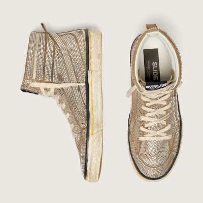 Golden Goose Slide Lab Sneaker In Tobacco-Colored Suede With Crystals And Tobacco-Colored Suede Star Golden Goose Slide Lab Sneaker In Tobacco-Colored Suede With Crystals And Tobacco-Colored Suede Star