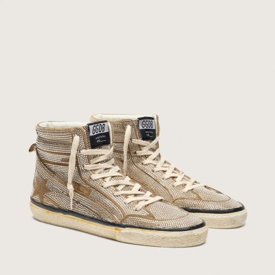 Golden Goose Slide Lab Sneaker In Tobacco-Colored Suede With Crystals And Tobacco-Colored Suede Star Golden Goose Slide Lab Sneaker In Tobacco-Colored Suede With Crystals And Tobacco-Colored Suede Star