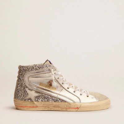 Golden Goose Slide Sneaker With Laminated Leather Upper And Silver Glitter Golden Goose Slide Sneaker With Laminated Leather Upper And Silver Glitter