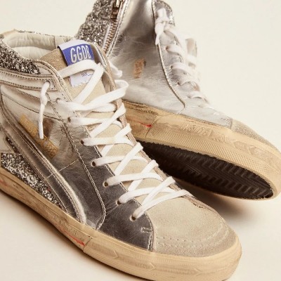 Golden Goose Slide Sneaker With Laminated Leather Upper And Silver Glitter Golden Goose Slide Sneaker With Laminated Leather Upper And Silver Glitter