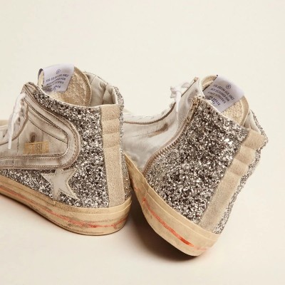Golden Goose Slide Sneaker With Laminated Leather Upper And Silver Glitter Golden Goose Slide Sneaker With Laminated Leather Upper And Silver Glitter