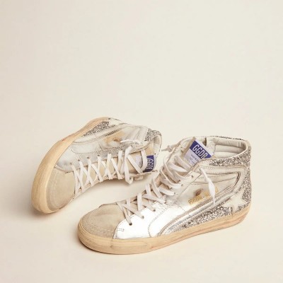 Golden Goose Slide Sneaker With Laminated Leather Upper And Silver Glitter Golden Goose Slide Sneaker With Laminated Leather Upper And Silver Glitter