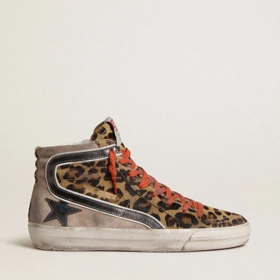 Golden Goose Slide Ltd Sneaker In Leopard-Print Pony Skin With Metallic Leather Star And Flash Golden Goose Slide Ltd Sneaker In Leopard-Print Pony Skin With Metallic Leather Star And Flash