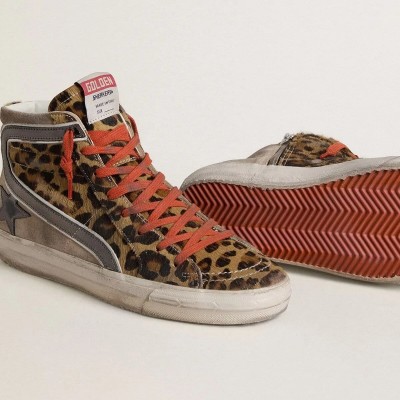 Golden Goose Slide Ltd Sneaker In Leopard-Print Pony Skin With Metallic Leather Star And Flash Golden Goose Slide Ltd Sneaker In Leopard-Print Pony Skin With Metallic Leather Star And Flash