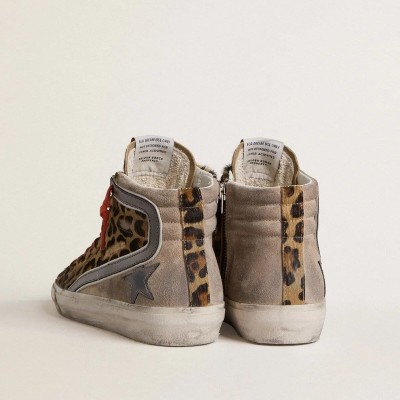 Golden Goose Slide Ltd Sneaker In Leopard-Print Pony Skin With Metallic Leather Star And Flash Golden Goose Slide Ltd Sneaker In Leopard-Print Pony Skin With Metallic Leather Star And Flash