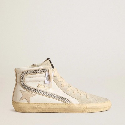 Golden Goose Slide Sneaker With Nude Leather Star And Suede And Swarovski Crystal Flash
